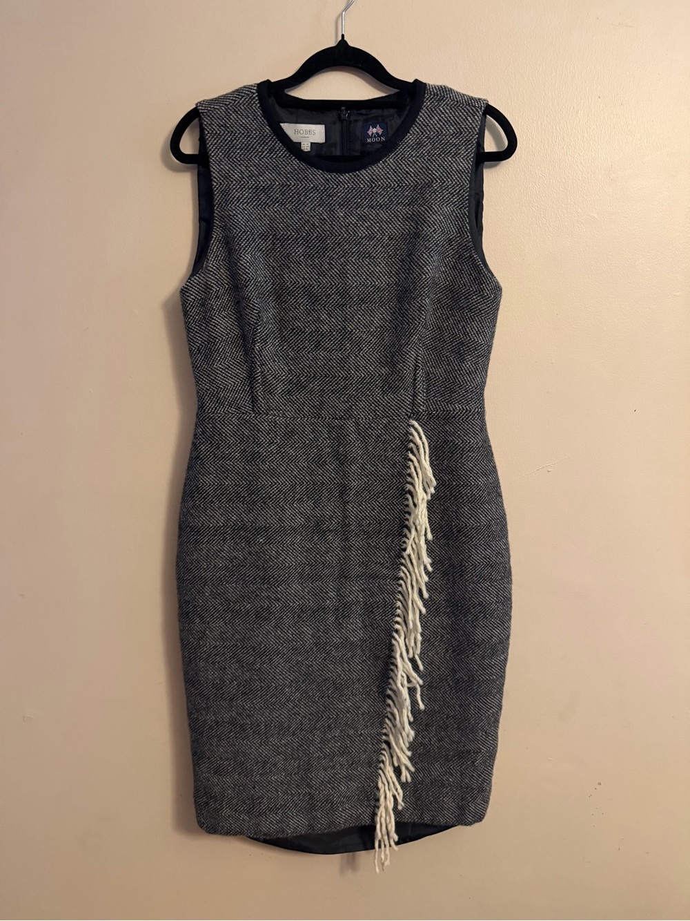 Sleeveless Gray Tweed Mini Dress with Cream Fringe Accent